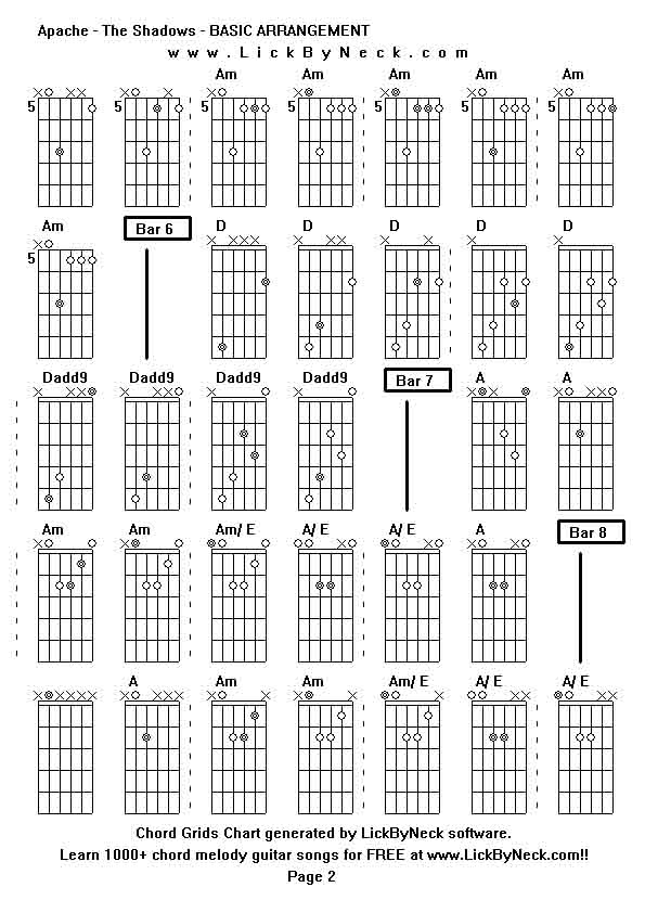 Chord Grids Chart of chord melody fingerstyle guitar song-Apache - The Shadows - BASIC ARRANGEMENT,generated by LickByNeck software.